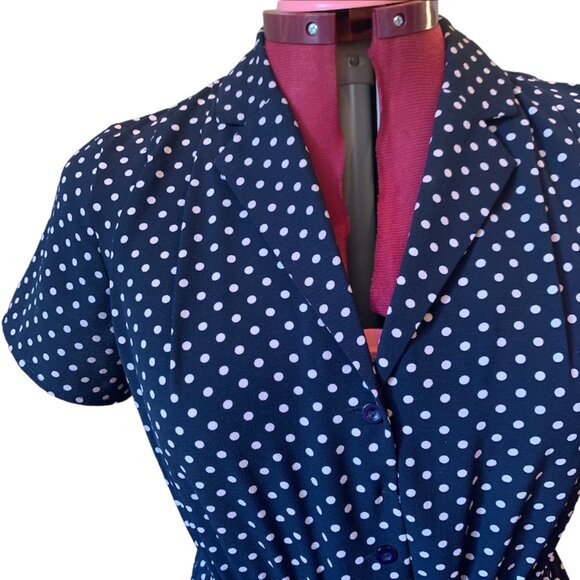 MONTEAU - Polka Dot Button Up Dress Navy Blue short sleeves - medium - Picture 4 of 11